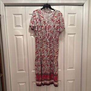 Red and Orange Flutter Sleeve V-Neck Midi Dress